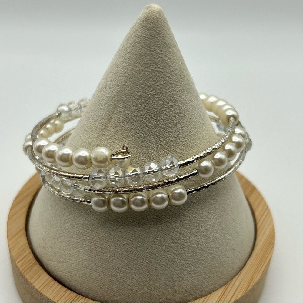 RMN Signed Wired Wrap Layered Faux Pearl Bracelet with Clear Beads Silver Tone